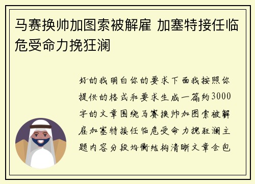马赛换帅加图索被解雇 加塞特接任临危受命力挽狂澜