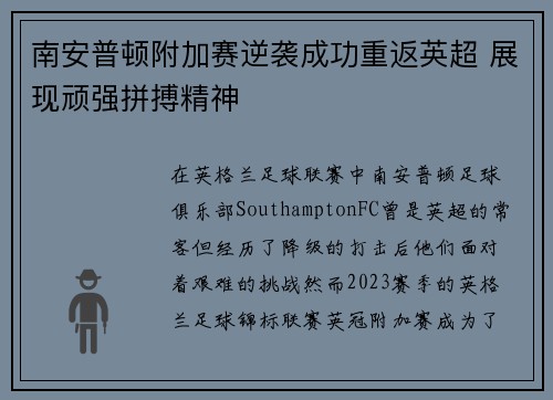 南安普顿附加赛逆袭成功重返英超 展现顽强拼搏精神